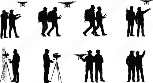 Drone operation silhouettes, teamwork with drones, videography silhouettes, tripod camera,