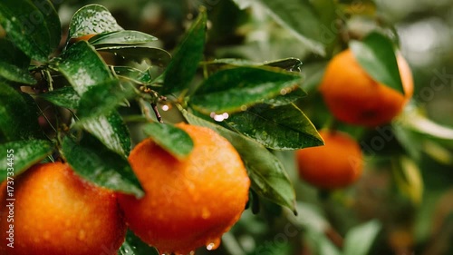 Fresh Tangerines on Branch with Water Droplets, Vibrant Orange Citrus Fruit Growing in Lush Green Orchard, Healthy Eating Concept