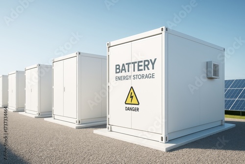 Battery energy storage containers in solar power station under clear sky background with sunlight and safety warning sign on units. Ai generative