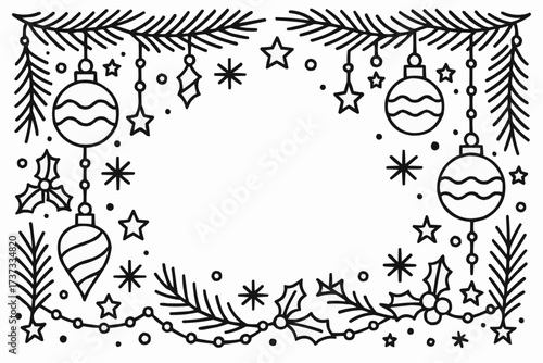 Christmas-themed coloring page with decorations and ornaments  