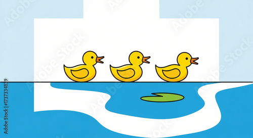 Three yellow ducklings swimming in the blue water.