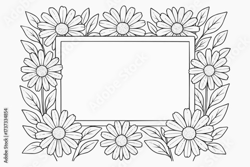 Floral frame for coloring with daisies and leaves outline  