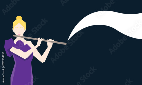 Isometric Woman plays the flute. Flute woodwind orchestral instrument. Flat Background.