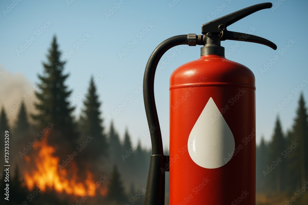 Obraz premium Close-up of red fire extinguisher with water drop icon in front of burning forest and smoke under clear blue sky, symbolizing fire prevention concept. Ai generative