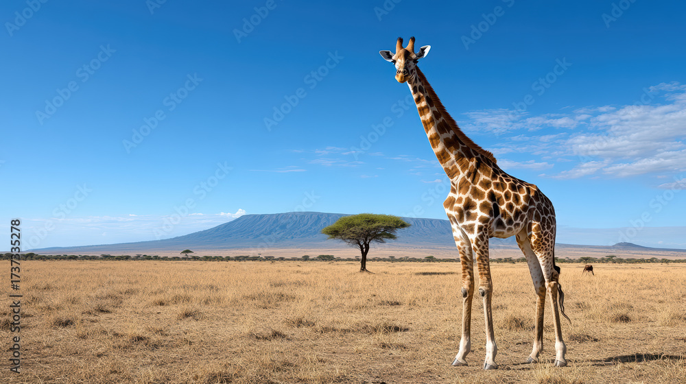 Obraz premium Giraffe standing tall in savanna with mountain backdrop under clear blue sky