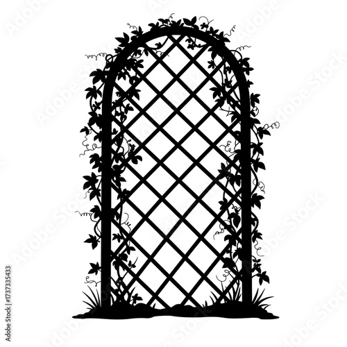 Archway garden trellis silhouette covered in vines and lush green foliage silhouette flat design vector illustration white background