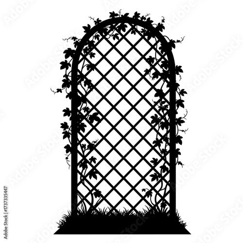 Silhouette of a garden trellis archway covered in climbing vines and foliage silhouette flat design vector illustration white background