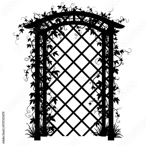 Black silhouette of a romantic garden archway with climbing vines and greenery silhouette silhouette flat design vector illustration white background