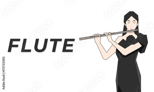 Isometric Woman plays the flute. Flute woodwind orchestral instrument. Flat Background.