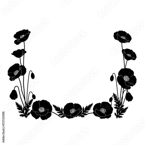 Elegant black poppy border frame design for decorative applications and craft projects silhouette flat design vector illustration white background