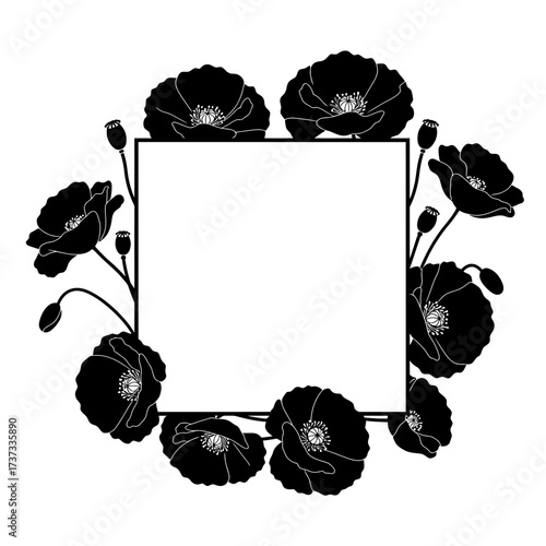 Elegant black poppies floral square frame decorative element for greeting cards and invitations silhouette flat design vector illustration white background