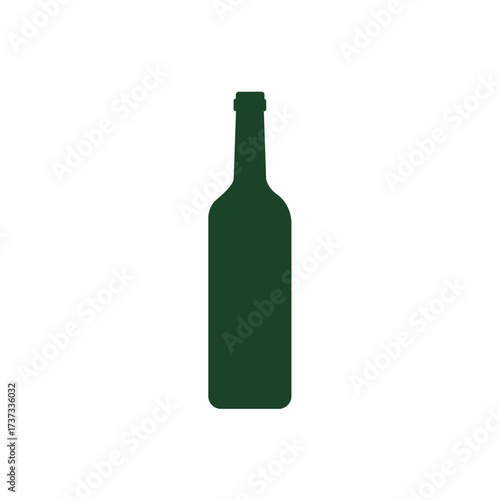 Simple dark green silhouette icon of a classic wine bottle or spirit bottle, symbolizing beverages, alcohol, celebration, and the wine industry in a clean vector graphic.