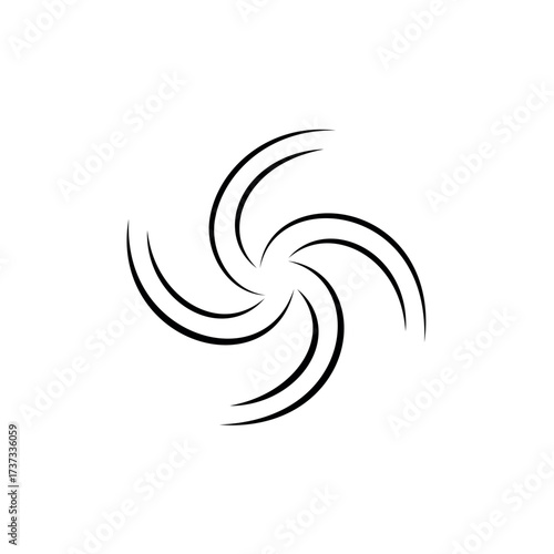 Abstract vector illustration of a minimalist swirling vortex or pinwheel symbol made of four curved, dynamic lines, representing motion, energy, rotation, and abstract flow.
