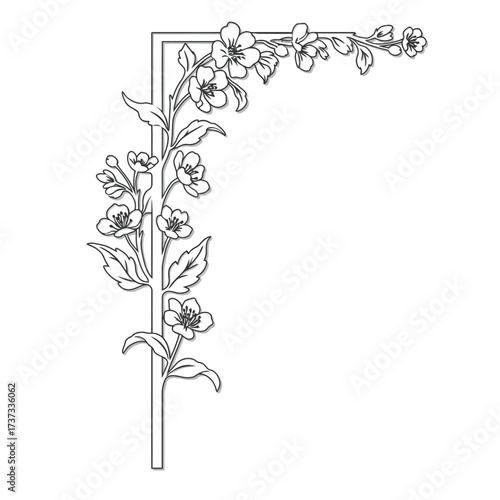 Elegant floral corner design delicate flowers and leaves ornate decorative element for invitations and crafts silhouette flat design vector illustration white background