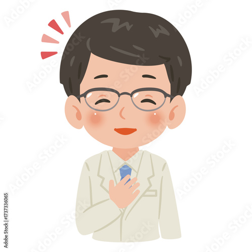 白衣を着た笑顔の男性　上半身イラスト／Smiling man wearing a white coat　upper body illustration