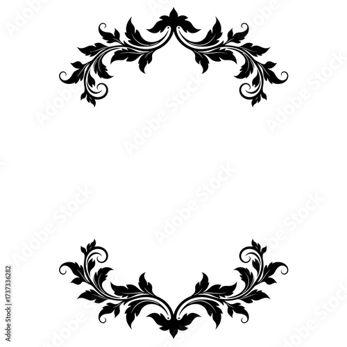Elegant black floral swirls decorative flourish top and bottom border element silhouette flat design vector illustration white background