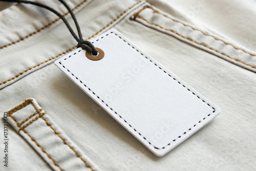 Blank White Stitched Leather Tag Mockup with Black String on Khaki Denim or Canvas Fabric