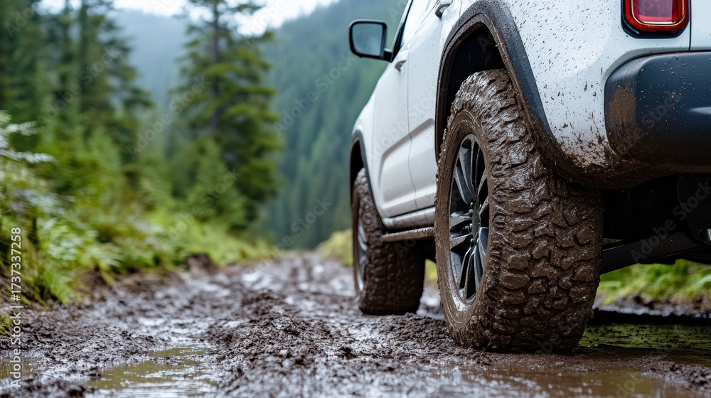 Fototapeta premium Modern pickup truck navigating muddy forest trail, showcasing rugged tires and natural landscape