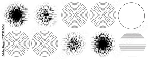 Black concentric circle set. Sonar or sound wave ring collection. Dotted and linear epicentre, target, radar icon concept. Ripple radial signal or vibration elements. Vector line and halftone symbols