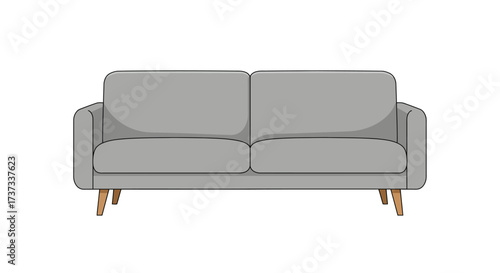 Two-Seater Gray Sofa with Wooden Legs Illustration.