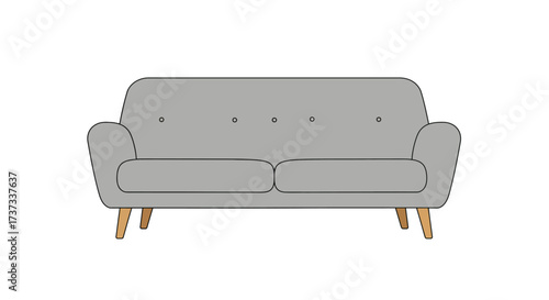 Modern Gray Sofa with Wooden Legs and Button Details.