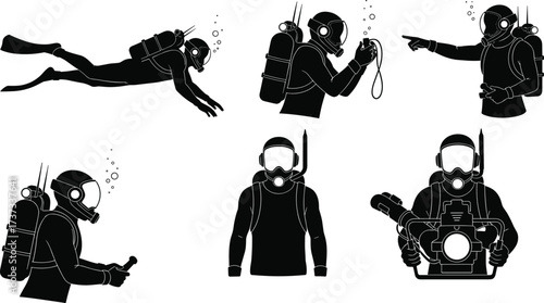 Scuba diver silhouettes, underwater exploration, diving with camera, marine research, aquatics,