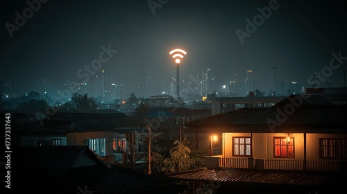 Illuminated wifi symbol over a town at night with houses and trees.