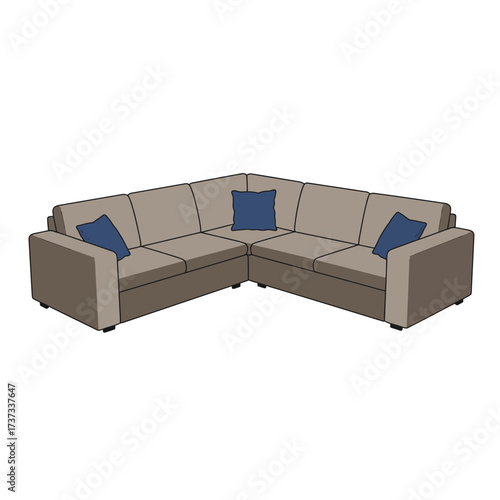 Modern Taupe Sectional Sofa with Blue Pillows Illustration.