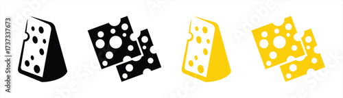 Set of Cheese Icons in Black and Yellow Style – Swiss Cheese, Slice, Block, Dairy Food, and Culinary Symbol