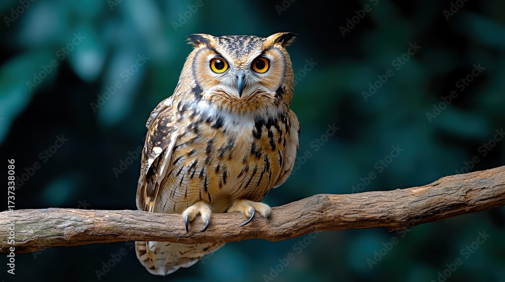 Obraz premium Majestic owl perched on branch, showcasing striking features and intense gaze