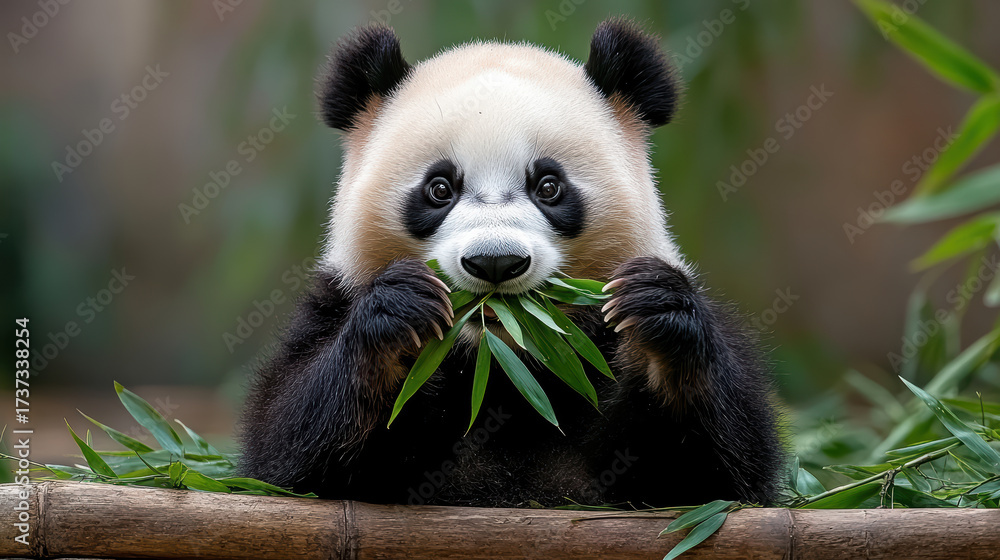 Fototapeta premium Peaceful panda eating bamboo leaves in serene forest setting, showcasing its natural habitat