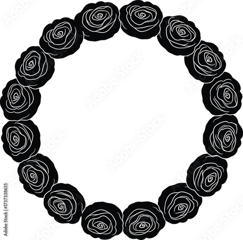 Circular arrangement of black roses floral wreath design element for decoration and craft projects silhouette flat design vector illustration white background