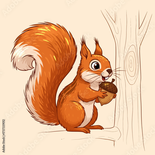 Cute cartoon squirrel with a bushy tail holding an acorn next to a tree trunk, illustrated in a friendly, whimsical style.