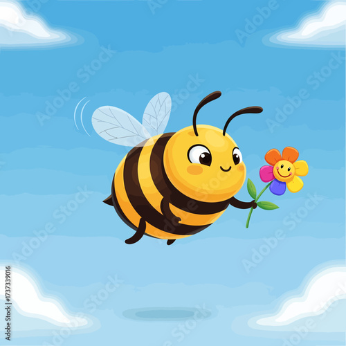 A cheerful cartoon bee with a smiling face, holding a colorful flower, flying in a bright blue sky.