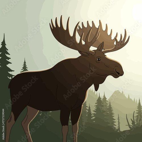 A majestic moose with large antlers stands in a serene forest landscape with mountains and sunlight.