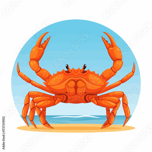 A vibrant illustration of a bright orange crab standing on a sandy beach with the ocean and blue sky in the background.