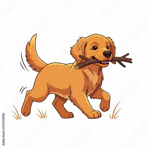 A happy golden retriever dog is running with a stick in its mouth, its tail wagging.