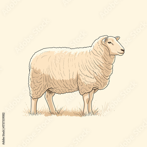Illustration of a sheep standing on grass, showcasing its woolly coat and serene expression.