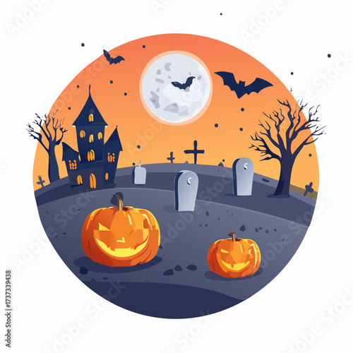 Spooky Halloween night celebration vector illustration featuring a haunted house, grinning pumpkins, a graveyard, and gnarled trees under a full moon