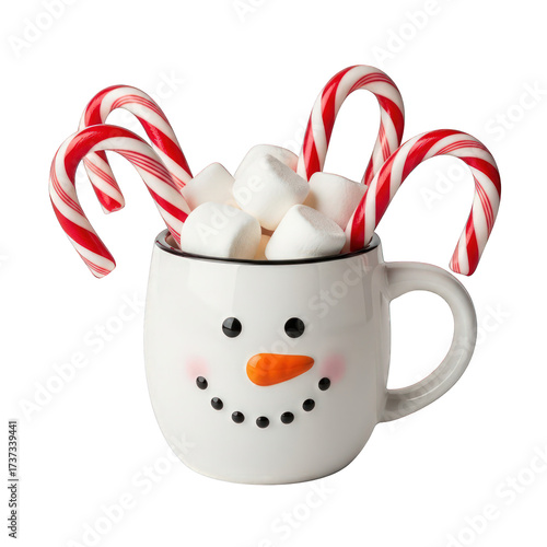 Snowman mug filled with candy canes and marshmallows on transparent background