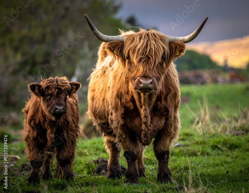 Highland Cow and Calf in Meadow.