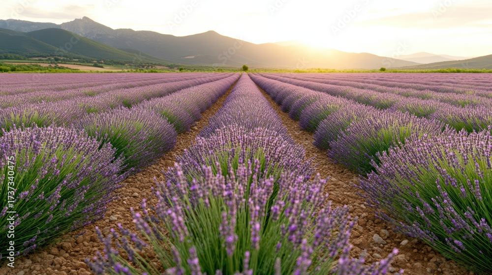 Obraz premium Lavender fields stretch across rolling hills, showcasing vibrant purple blooms golden sunset