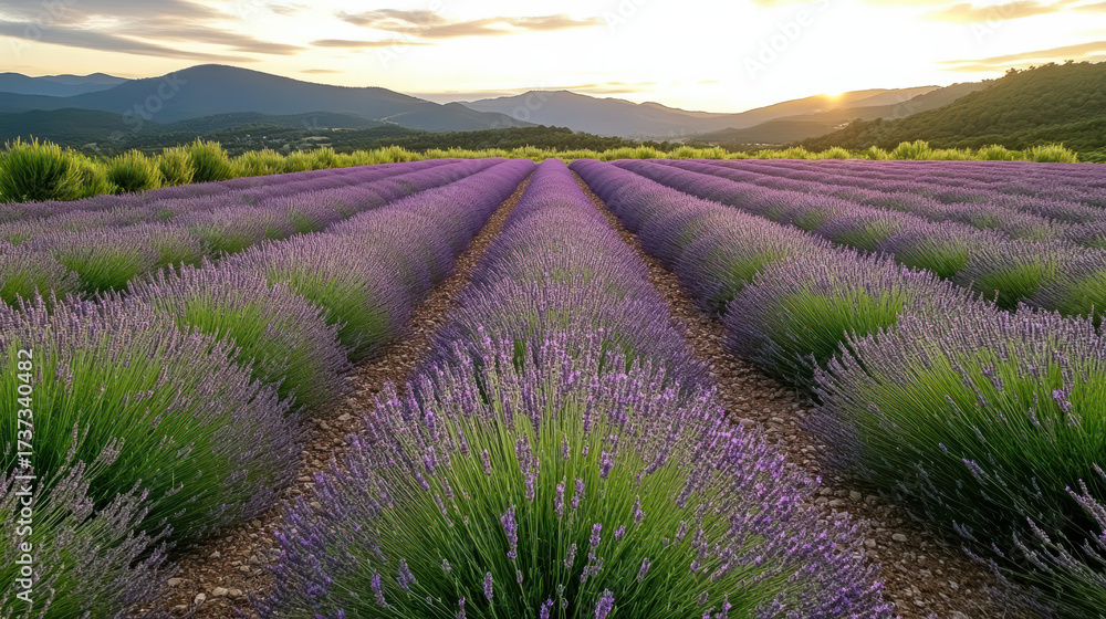 Fototapeta premium Lavender fields stretch across rolling hills, bathed warm sunset light, creating serene