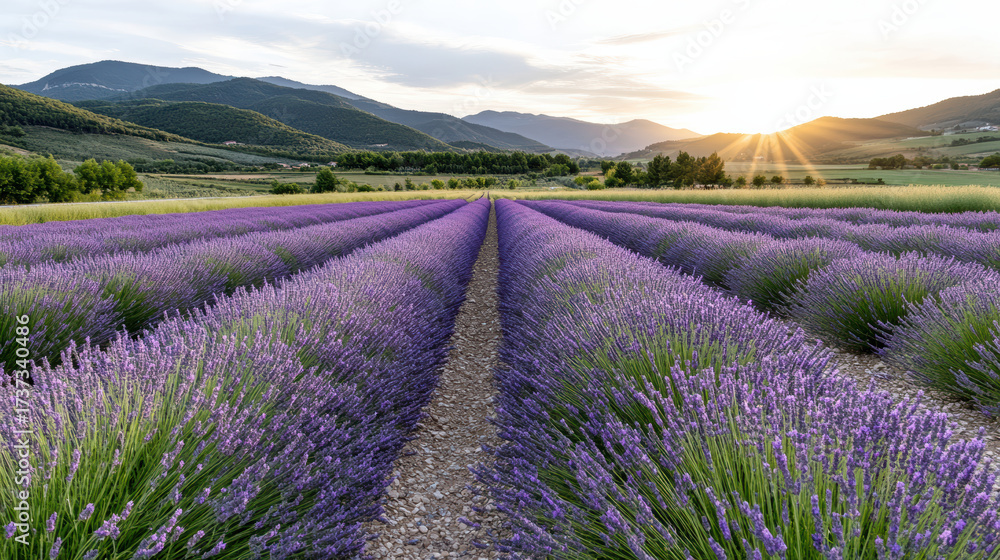 Fototapeta premium Lavender fields stretch across rolling hills, bathed in warm sunlight, creating serene landscape