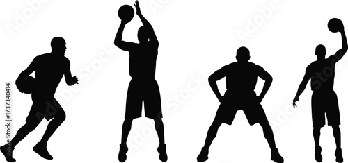 Silhouette, basketball, player, sport, motion, dribble, shoot, dunk, posture, ball, vector, icon, black, minimal, dynamic, performance, action, athlete, jump, illustration