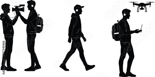 Technology lifestyle silhouettes, video camera operator, drone pilot, backpack traveler, audio