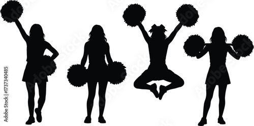 Silhouette, cheerleader, pom-poms, jump, pose, dance, sport, energy, motion, youth, vector, icon, black, minimal, performance, enthusiasm, routine, team, spirit, illustration
