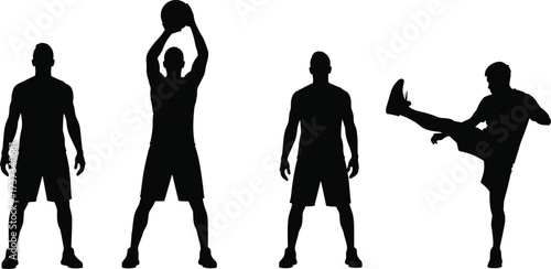 Silhouette, exercise, athlete, motion, posture, jump, ball, fitness, sport, training, vector, icon, black, minimal, dynamic, performance, movement, stretch, workout, illustration