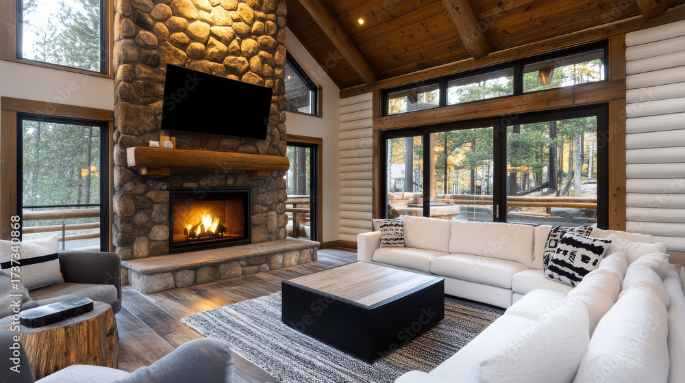 Naklejka premium Cozy rustic cabin interior featuring stone fireplace, warm ambiance, and modern furnishings