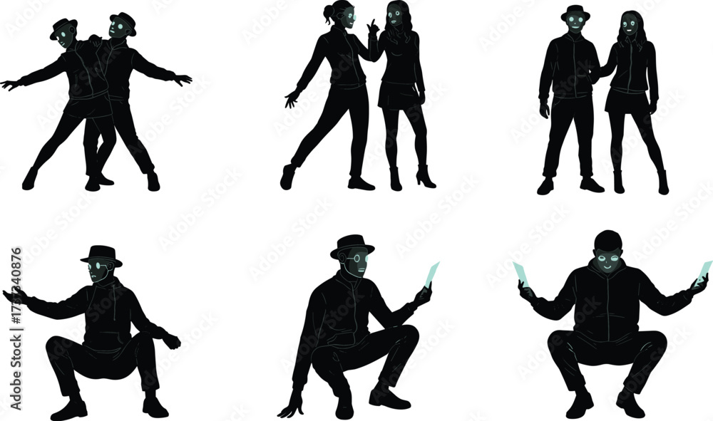 Naklejka premium Stylized humanoid silhouettes, glowing eyes, cyberpunk characters, futuristic poses, mysterious